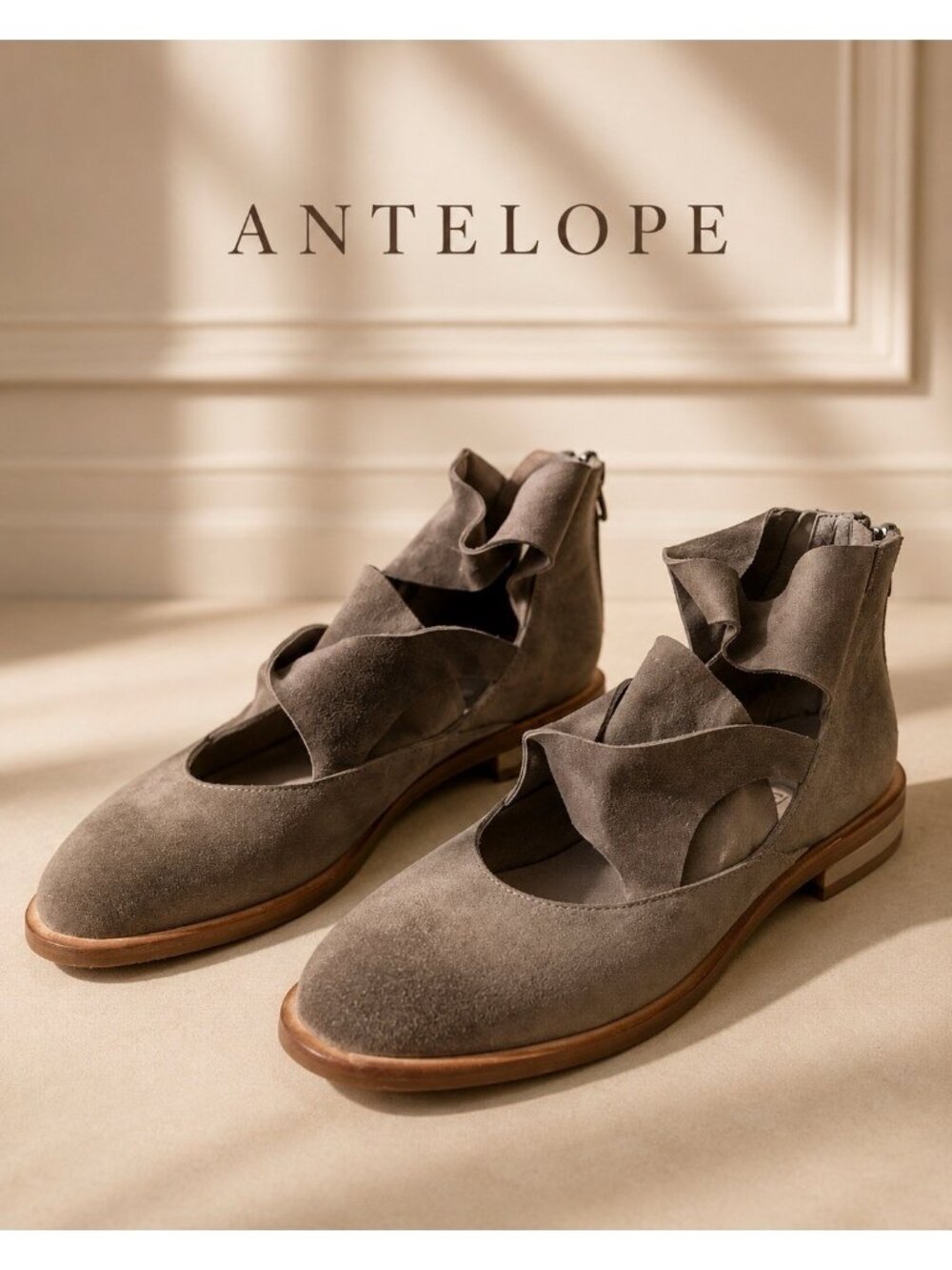Antelope Lalana Grey Suede Cutout Flats EU 39 Back Zip Comfort Shoes 8 8.5